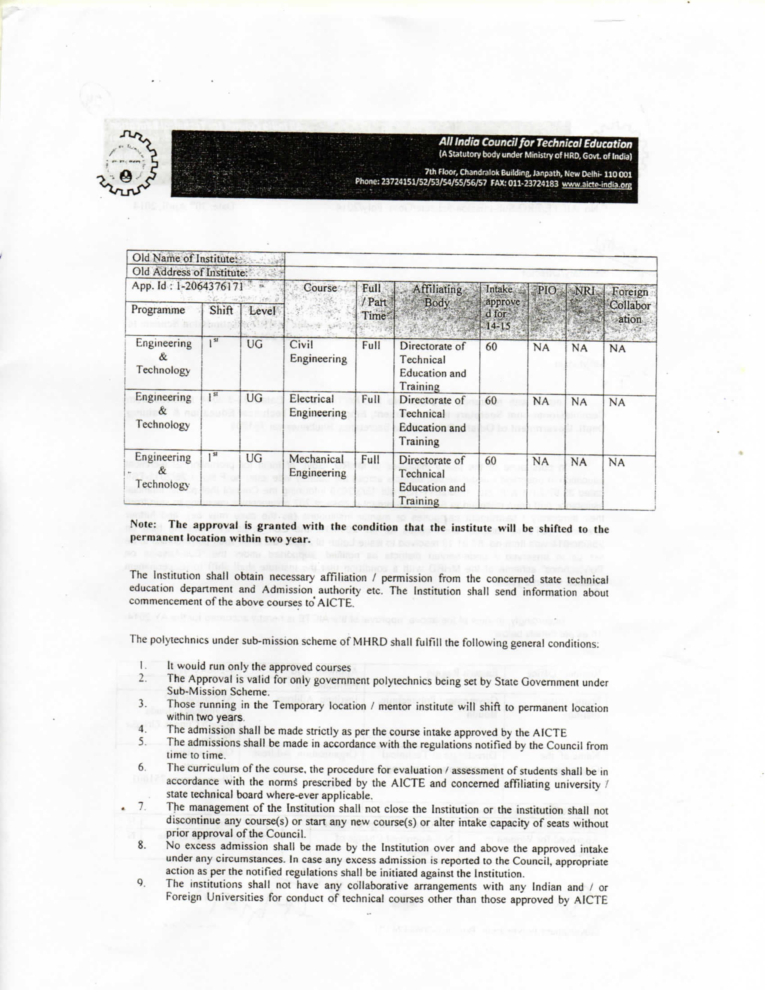 AICTE Affiliation LoA 2014-15