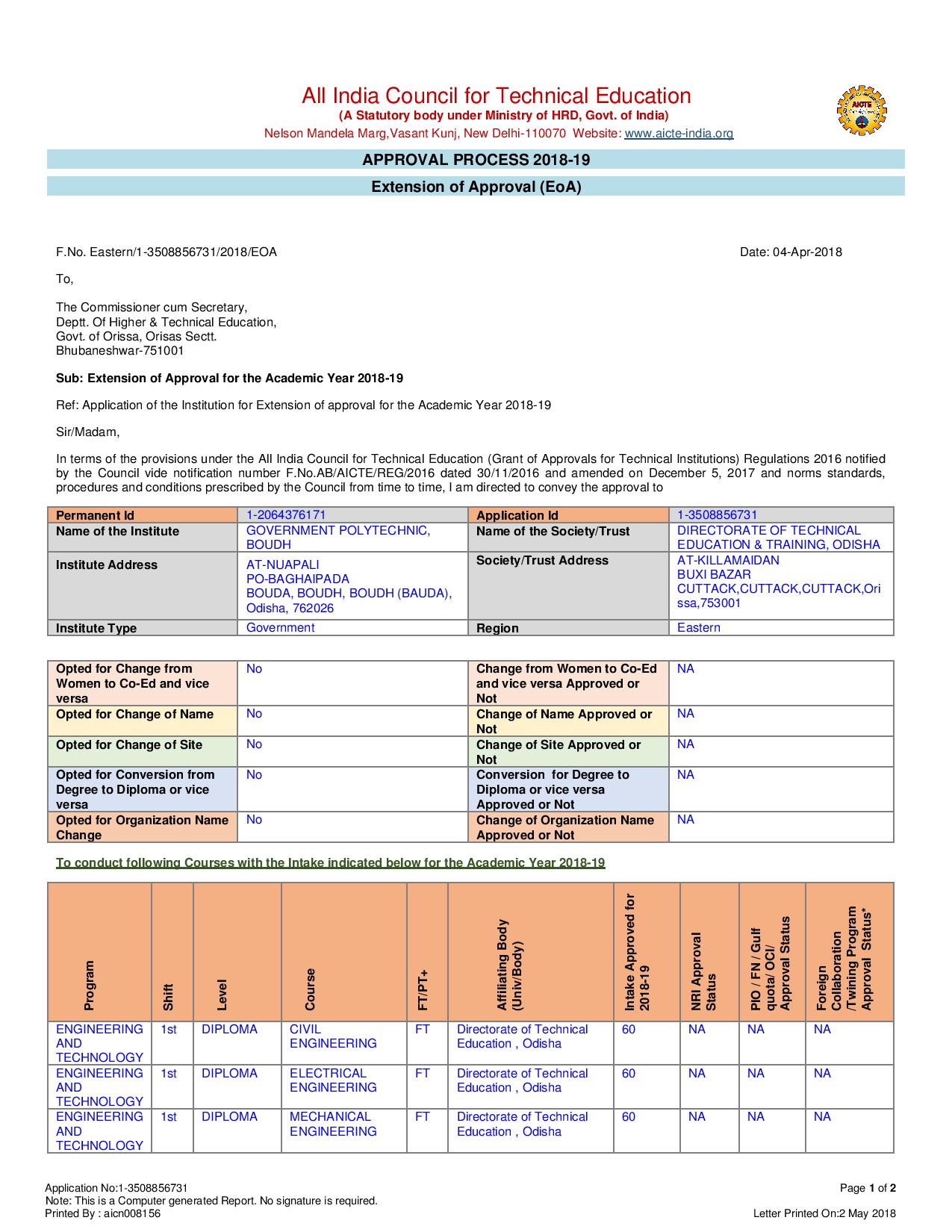 AICTE Affiliation EoA 2018-19