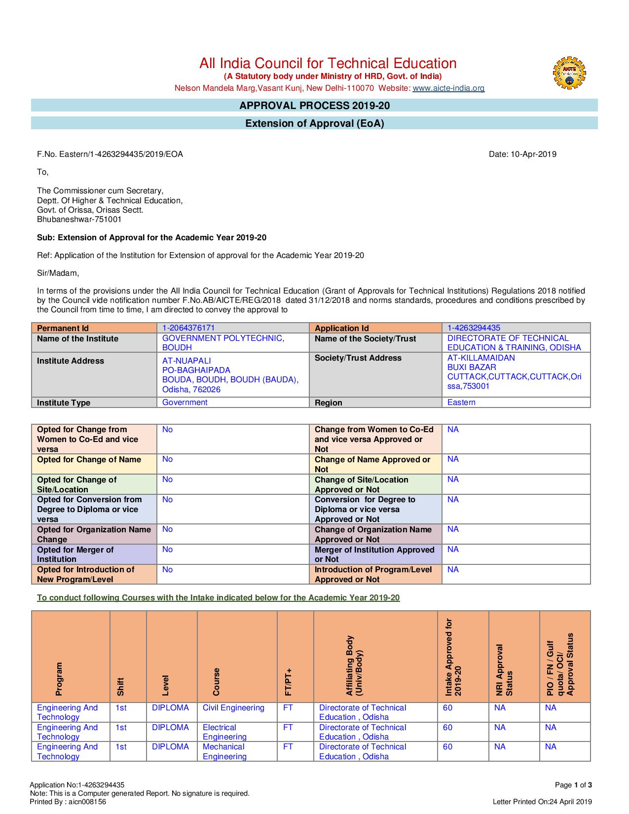 AICTE Affiliation EoA 2019-20